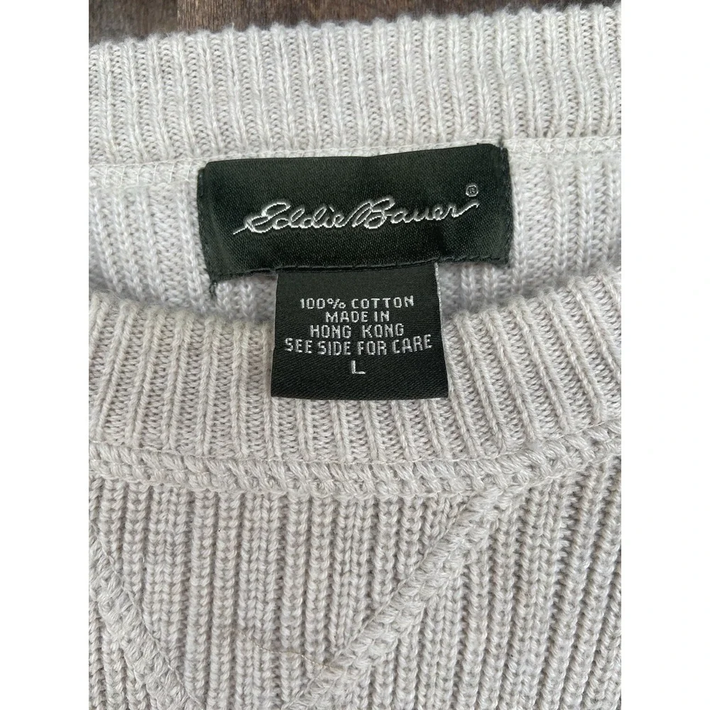 Vintage 90s Eddie Bauer Cable Knit Pullover Fisherman Cotton Sweater Men L Cream - Picture 2 of 3